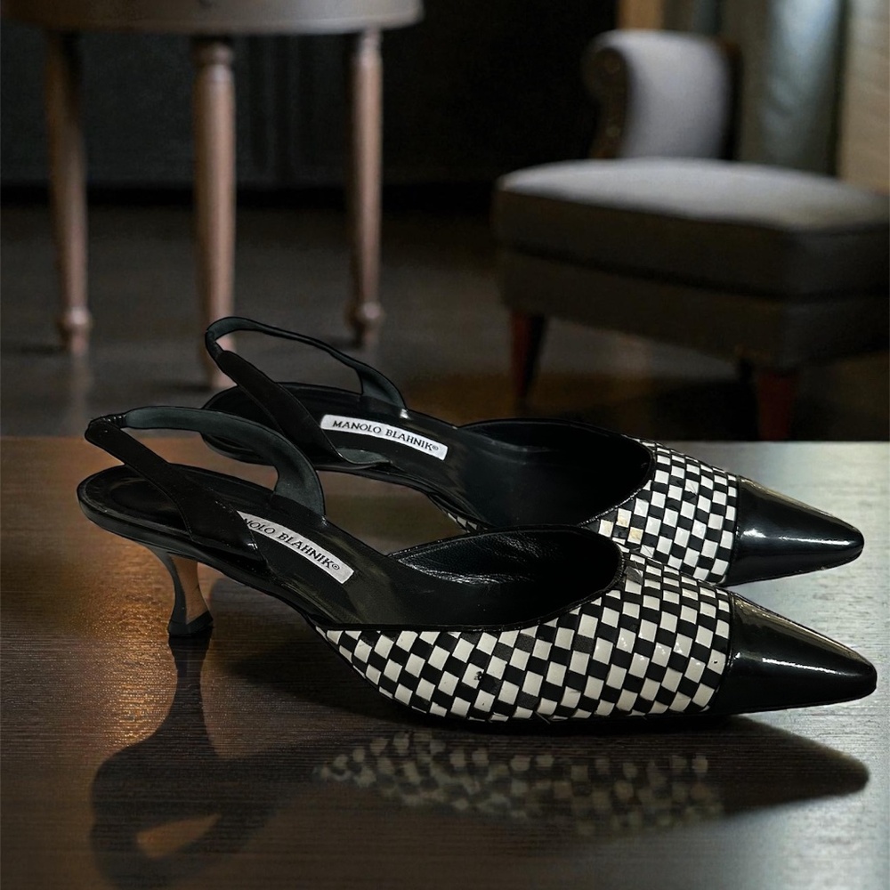 Manolo Blahnik Black & White Woven Checkerboard Slingback Kitten Heels